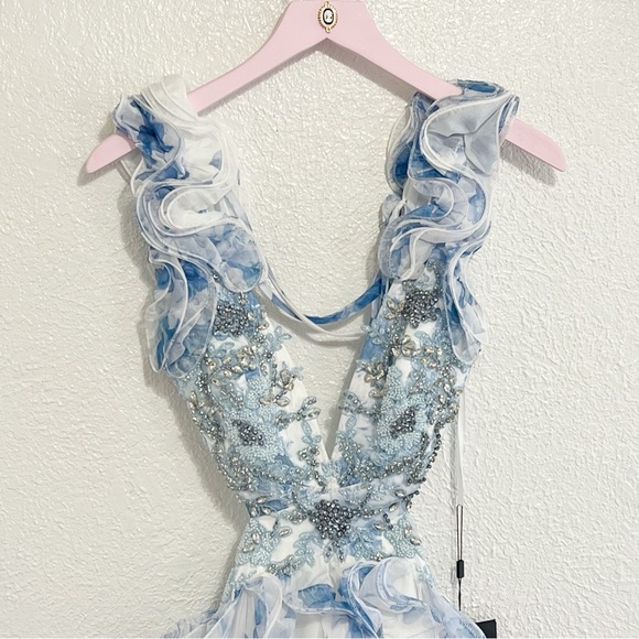 NWT Mac Duggal Floral Lace Up Tie Back Ruffle Shoulder Embellished Gown - Picture 3 of 15